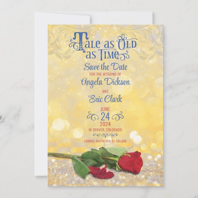 Save The Date Fairy Tale Rouge Rose Golden Ballroom Mariage (Devant)