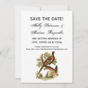 Save The Date Faisan ancien sur une branche avec dessin en coule