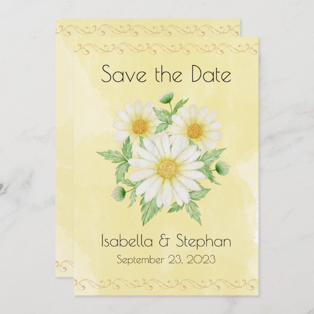 Save The Date Faisceaux Blanc Jaune Typographie Florale Enregist (Devant / Derrière)