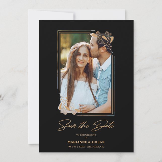 Save The Date Fake Golden Branches de luxe Fancy Calligraphie (Devant)