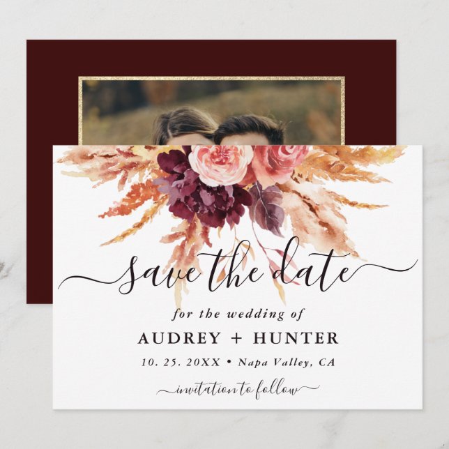 Save The Date Fall Burgundy Terracotta Floral Mariage Photo (Devant / Derrière)