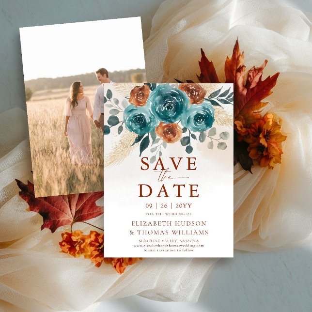 Save The Date Fall Love Turquoise Burnt Orange Wedding Enregistr (fall wedding save the date engagement photo teal burnt orange terracotta watercolor greenery foliage)
