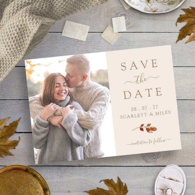 Save The Date Fall Terracotta Feuille Photo Enregistrer la date  (Fall Terracotta Leaves Photo Save The Date Wedding by Painted Paperie)