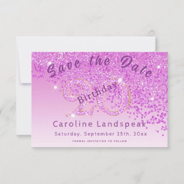 Save The Date Falling Pink Parties scintillant for 20th Birthday (Devant)