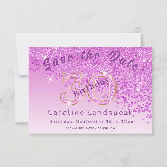Save The Date Falling Pink Parties scintillant for 30th Birthday (Devant)
