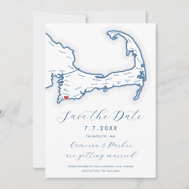 Save The Date Falmouth MA Cape Cod Map Marine Blue Mariage (Devant)