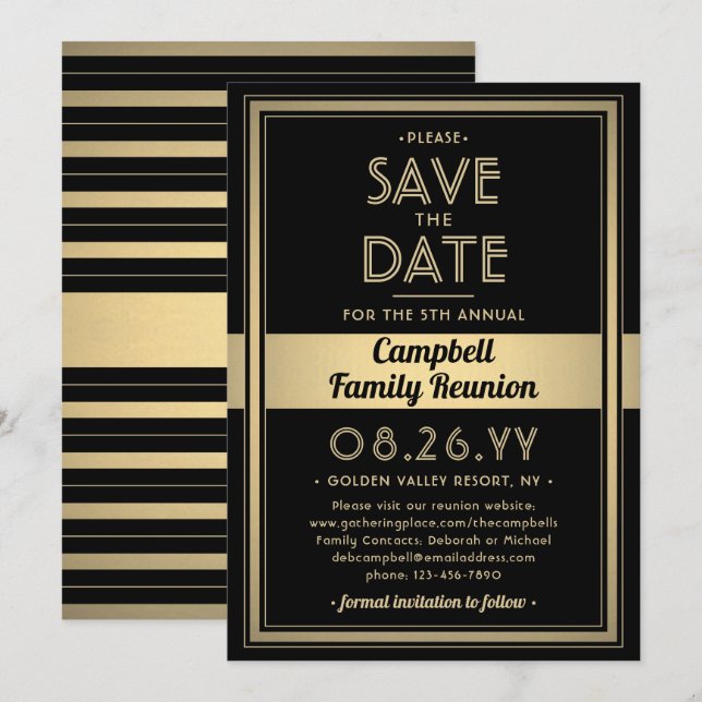 Save The Date Famille Réunion Moderne Elégant Black and Gold Par (Devant / Derrière)