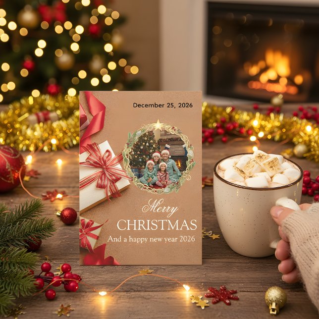 Save The Date Family Christmas Photo Card 2026 | Red Gift Design (Créateur téléchargé)