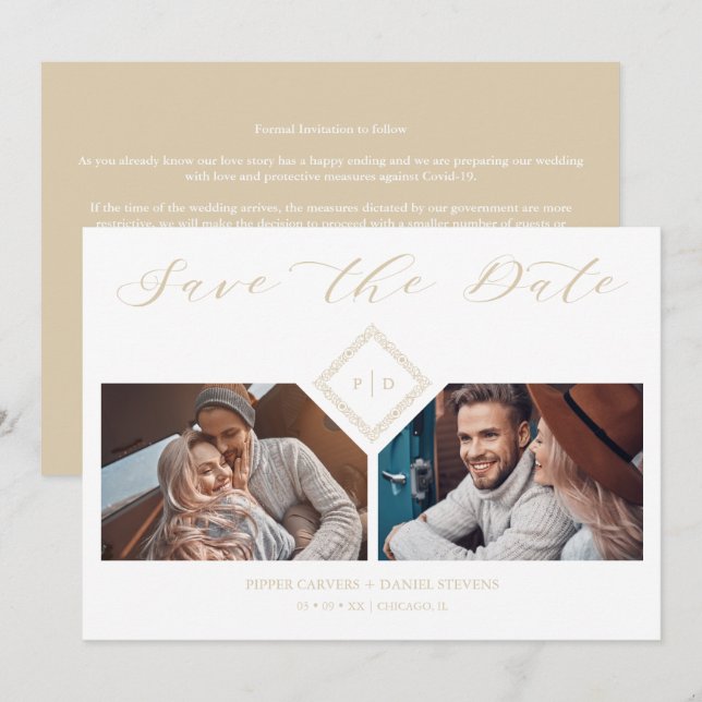 Save The Date Fancy Golden Initials Chic Ornament Sophisticated  (Devant / Derrière)
