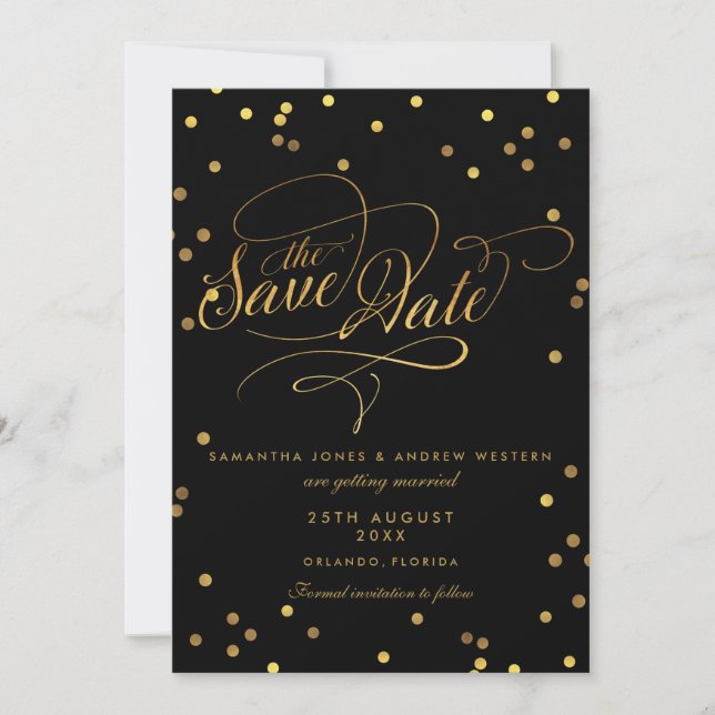 Save The Date Fancy Script Gold Confetti Mariage Enregistrer La  (Devant)