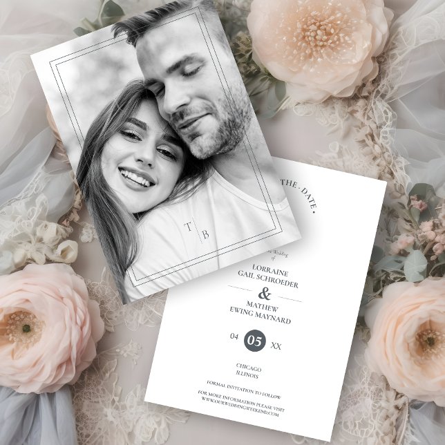 Save The Date Fancy Simple Chic Initials  Modern Photo Couple  (Fancy Simple Chic Initials Modern Photo Couple Save the Date Card with Envelope.)