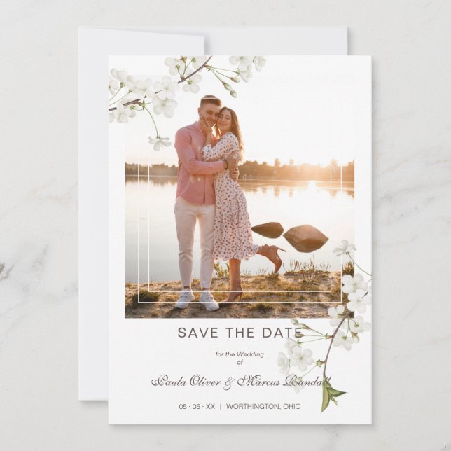 Save The Date Fancy White Cherry Blossom Photo Couple (Devant)
