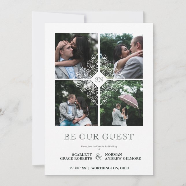 Save The Date Fancy White Flourish Lace Effect 4 Photos Wedding  (Devant)