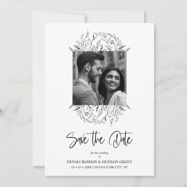 Save The Date Fancy Wildflowers Black & White Photo Wedding (Devant)
