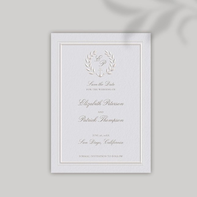 Save The Date Faux Embossed Ancre Nautique Ivory Mariage formel (nautical wedding save date modern classic formal traditional faux embossed anchor crest monograms)