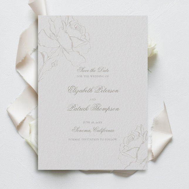 Save The Date Faux Embossés Rose Ivory Formal Classic Mariage (formal traditional wedding save the date faux embossed roses floral elegant modern classic ivory )