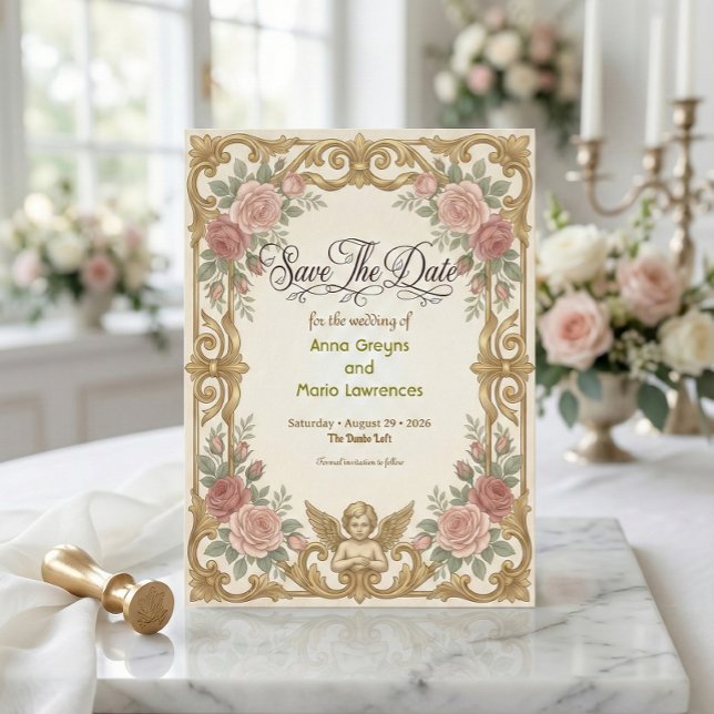 Save The Date Faux Gold Ornate Baroque Floral Frame (Créateur téléchargé)