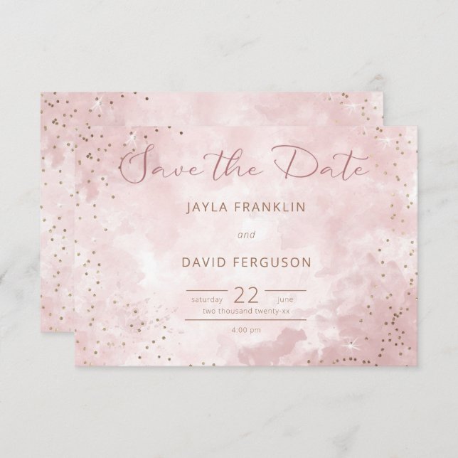 Save The Date Faux Gold Parties scintillant & Pink Modern Mariag (Devant / Derrière)