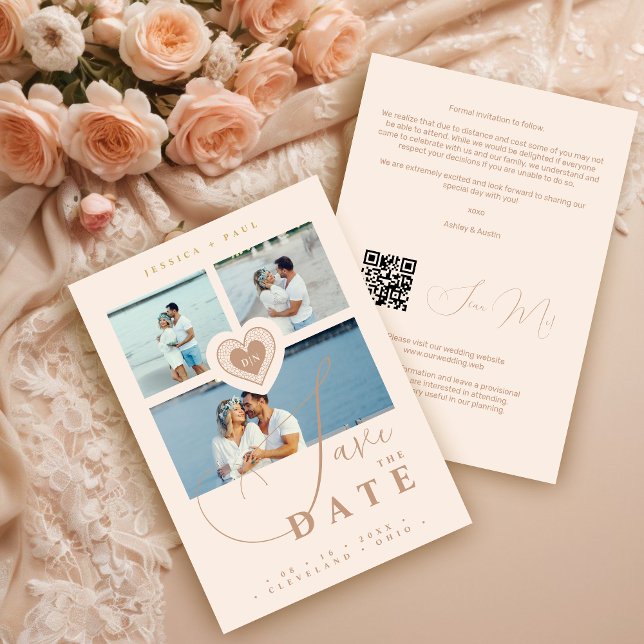 Save The Date Faux Lace Heart Champagne 3 Multiphoto (Exquisite Faux Lace Heart Champagne 3 Multi-Photo Collage Wedding Save the Date Card.)