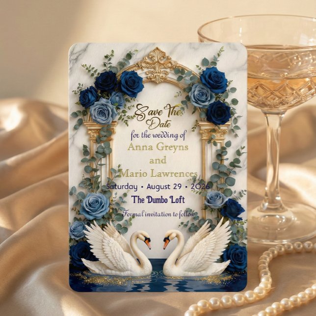 Save The Date Faux Or Feuille & Cygnes De Marbre Bleu Royal Flor (Créateur téléchargé)