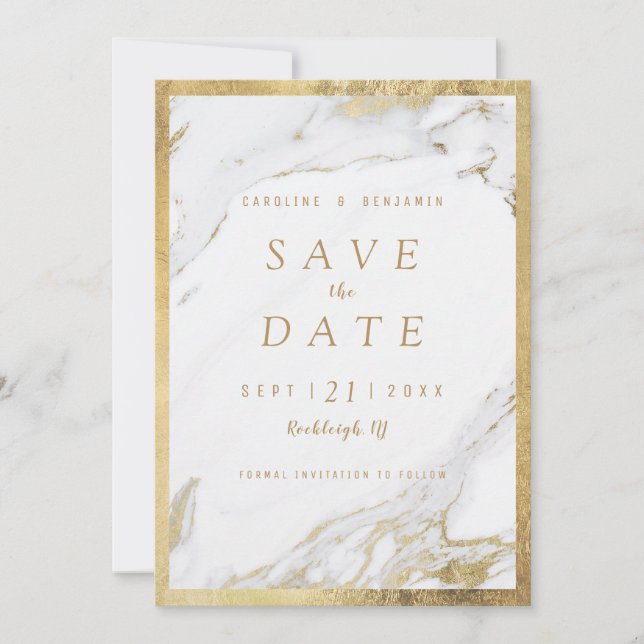 Save The Date Faux or feuille marbre luxe moderne enregistrer la (Devant)