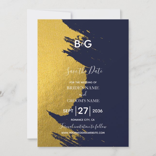 Save The Date Faux Or Pinceaux & Bleu Nuit avec Monogramme (Devant)