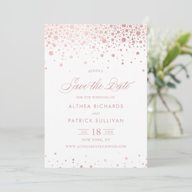 Save The Date Faux Rose Gold Foil Confetti Dots Mariage (Debout devant)