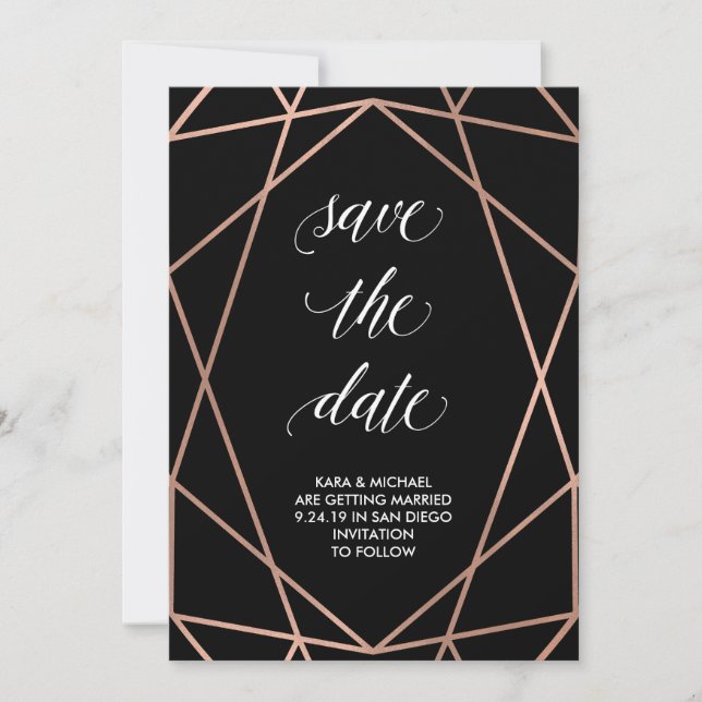 Save The Date Faux Rose Gold Géométrique sur Noir | Save the dat (Devant)