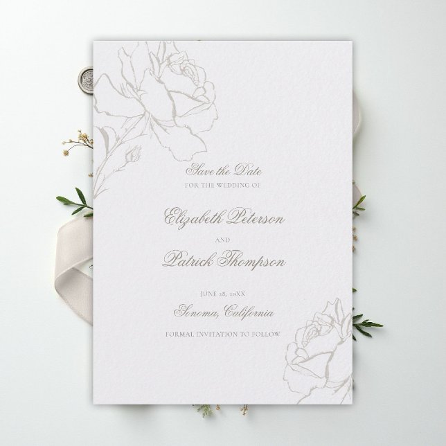 Save The Date Faux Roses en relief Perle Formel Mariage Classiqu (ethereal wedding theme white save the date formal traditional modern classic floral roses elevated)