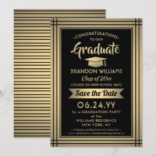 Save The Date Félicitations Black and Gold Stripes Graduation