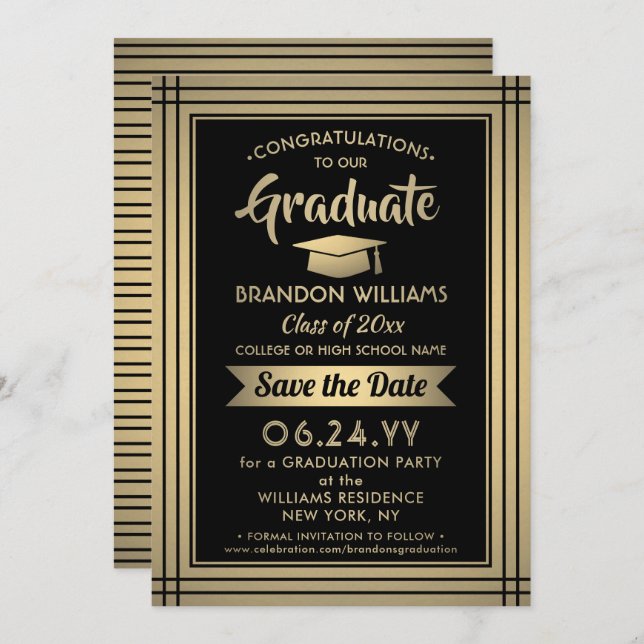 Save The Date Félicitations Black and Gold Stripes Graduation (Devant / Derrière)