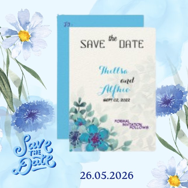 Save The Date Felt Ecru Paper Bleu Floral Fleur Épargnez la Date (Créateur téléchargé)