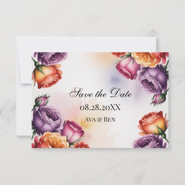 Save The Date Festive Purple Orange and Red Roses Wedding (Devant)