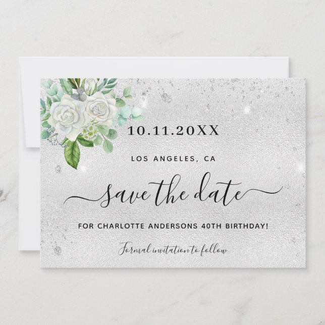 Save The Date Fête anniversaire argent floral enregistrer la dat (Devant)