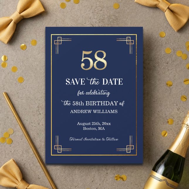 Save The Date Fête d'anniversaire 58 ans Bleu Élégant Or (Créateur téléchargé)