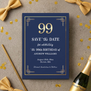 Save The Date Fête d'anniversaire 99 ans Elegant Blue Gold