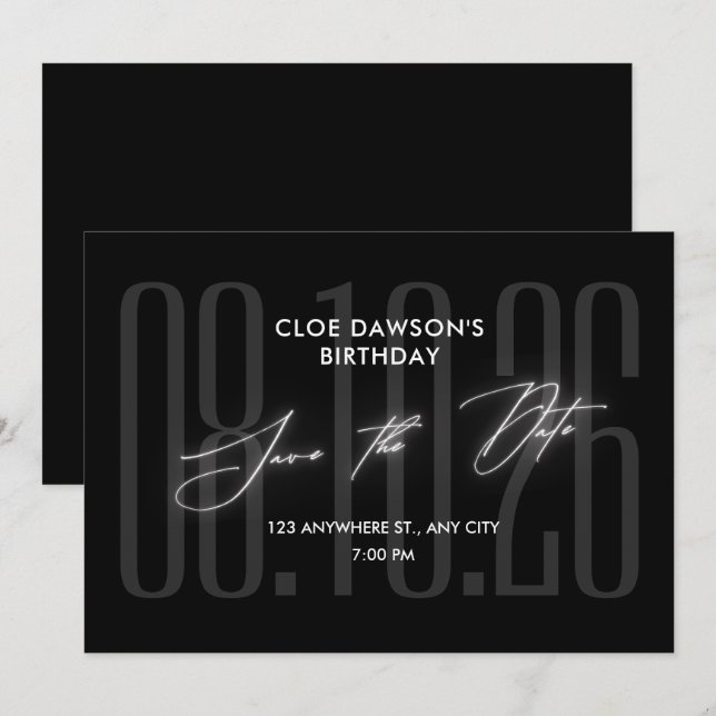 Save The Date Fête d'anniversaire Black Modern (Devant / Derrière)