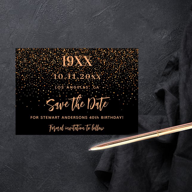 Save The Date Fête d'anniversaire de confettis d'or noir (Créateur téléchargé)