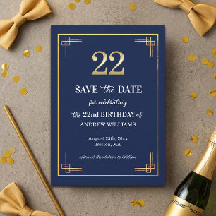 Save The Date Fête d'anniversaire élégante Bleu Or 22 ans