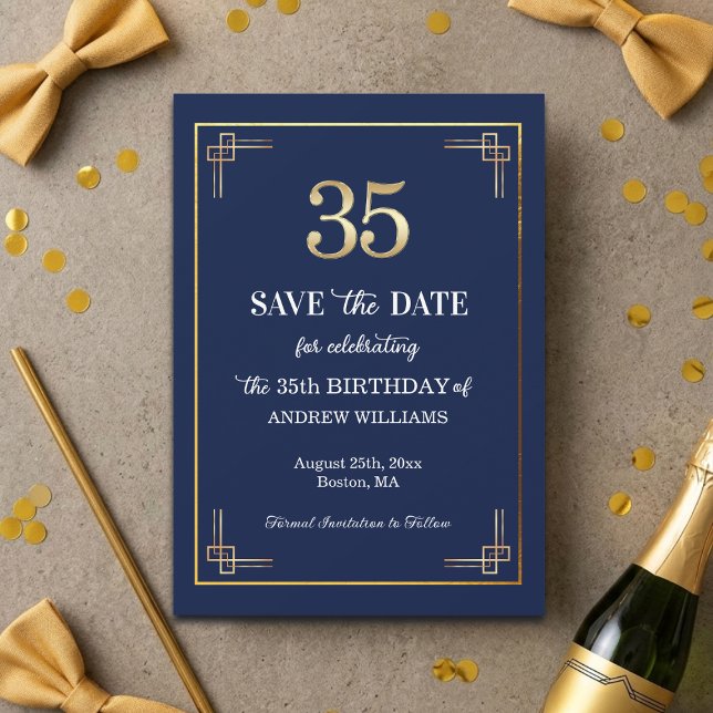 Save The Date Fête d'anniversaire élégante bleu or 35 ans (Créateur téléchargé)