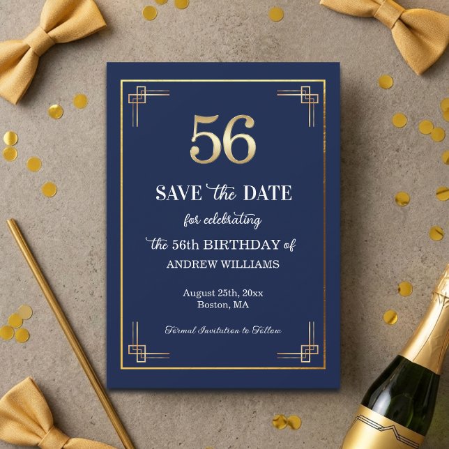 Save The Date Fête d'anniversaire élégante Bleu Or 56 ans (Créateur téléchargé)