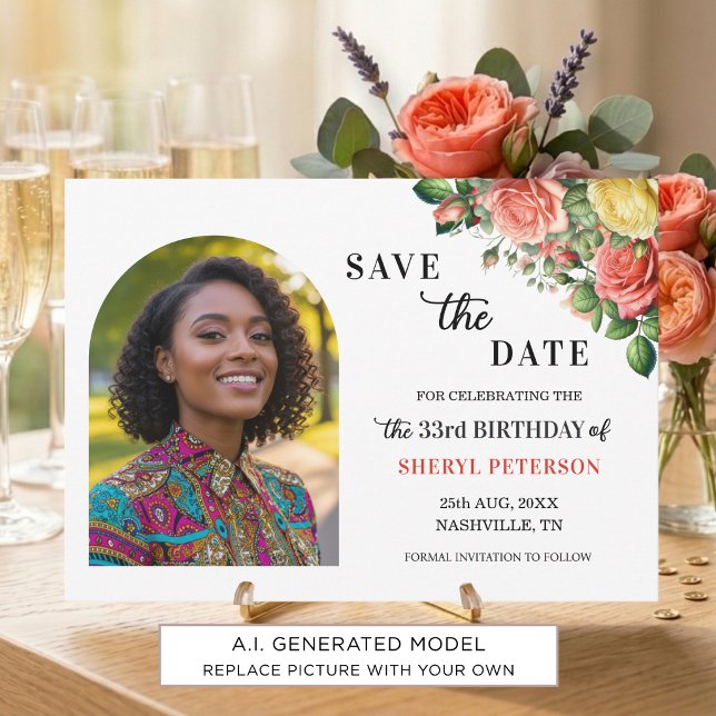Save The Date Fête d'anniversaire élégante florale 33 ans (Créateur téléchargé)