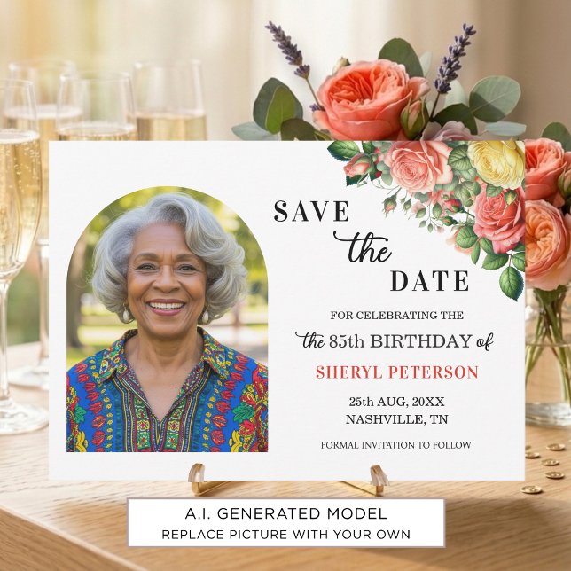 Save The Date Fête d'anniversaire élégante florale 85 ans (Créateur téléchargé)