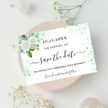 Save The Date Fête d'anniversaire fleurie blanc vert étincelles<br><div class="desc">Une petite fille et tendance Enregistrer la carte Date pour une fête d'anniversaire de 40e (ou tout âge). Un élégant arrière - plan blanc décoré avec des étincelles de parties scintillant vert, des fleurs blanches et de la verdure. Personnalisez et ajoutez une date et un nom/âge 40. Lettres de couleur...</div>