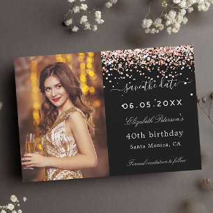 Save The Date fête d'anniversaire noir rose or scintille photo