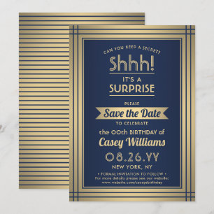 Save The Date Fête d'anniversaire surprise élégante bleu marine 