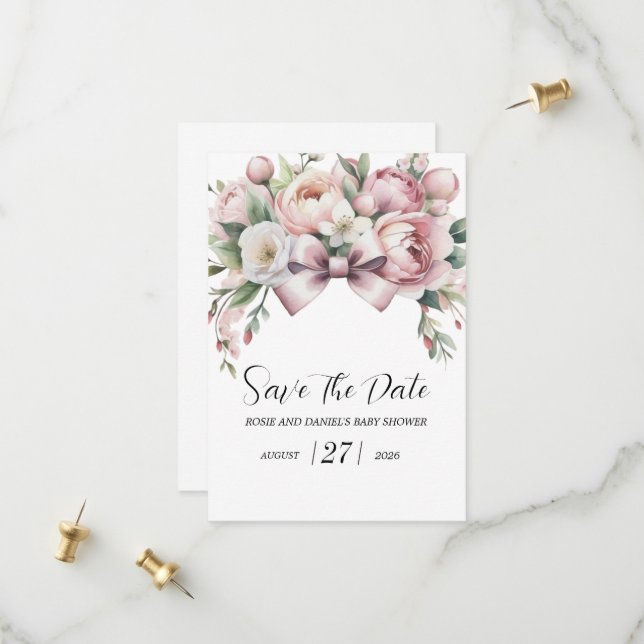 Save The Date Fête de Bébé à l'aquarelle avec Nœud Coquette & Pi (Devant/Arrière en situation)