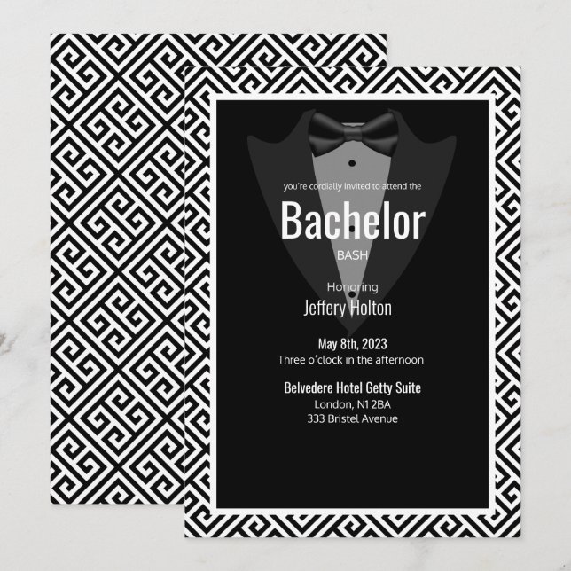 Save The Date Fête de célibataire noir, argent tuxedo personnali (Devant / Derrière)