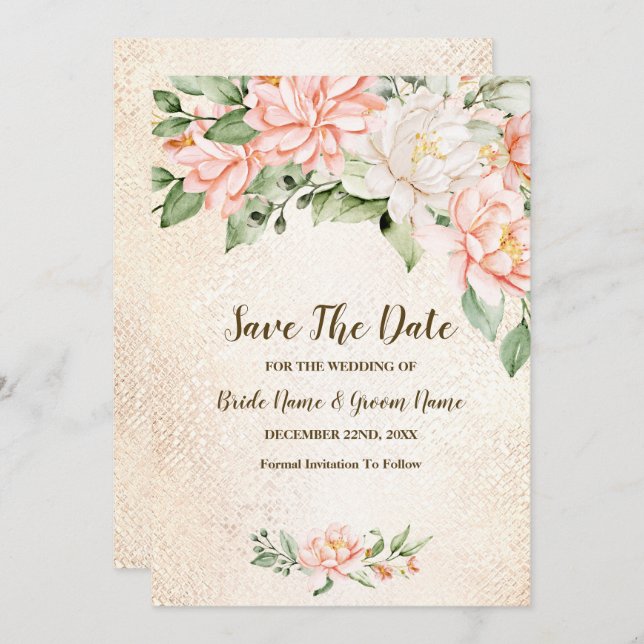 Save The Date Fête de mariage Aquarelle Pêche Fleur blanche Enre (Devant / Derrière)