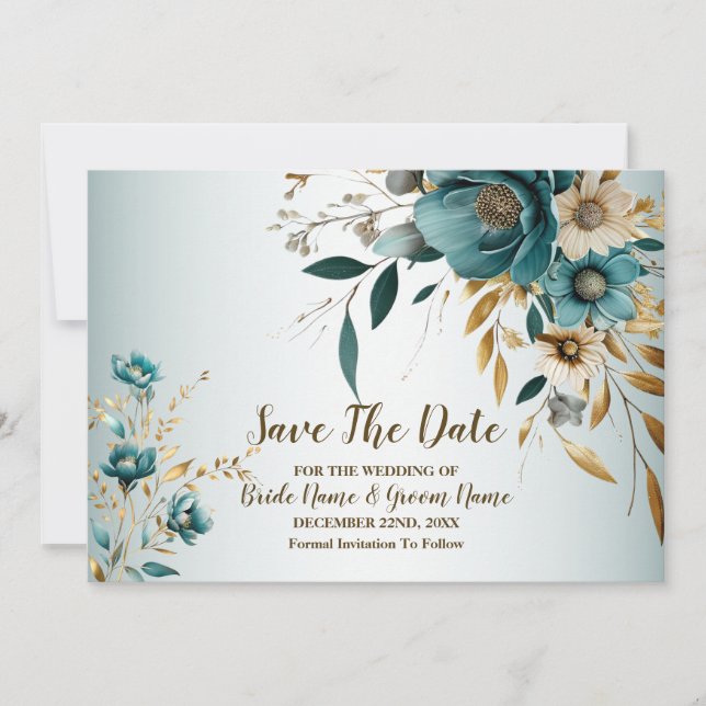 Save The Date Fête de mariage Turquoise Fleur blanche Feuilles d (Devant)